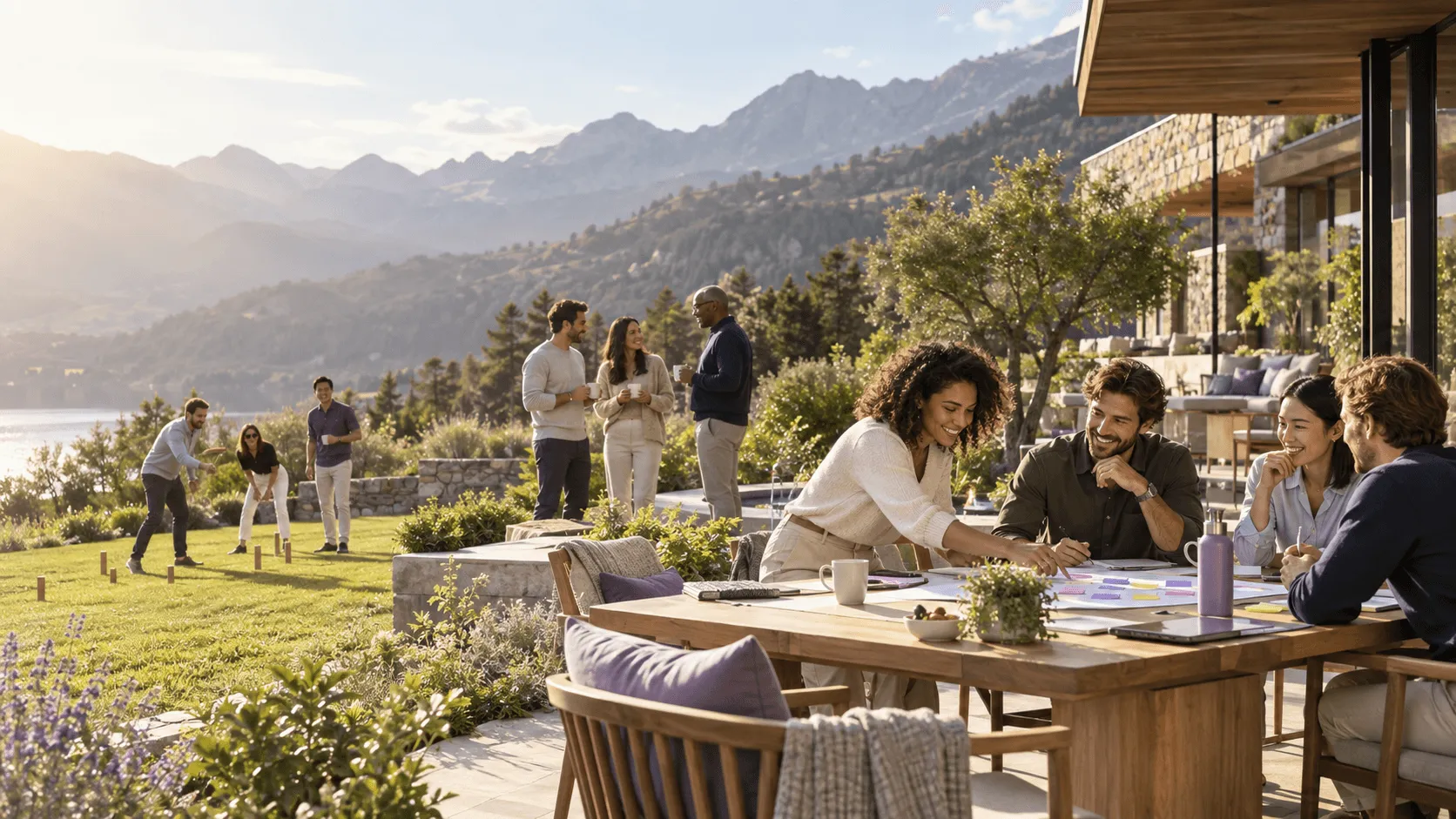 Corporate retreat themes featuring team brainstorming, networking and outdoor team-building activities.