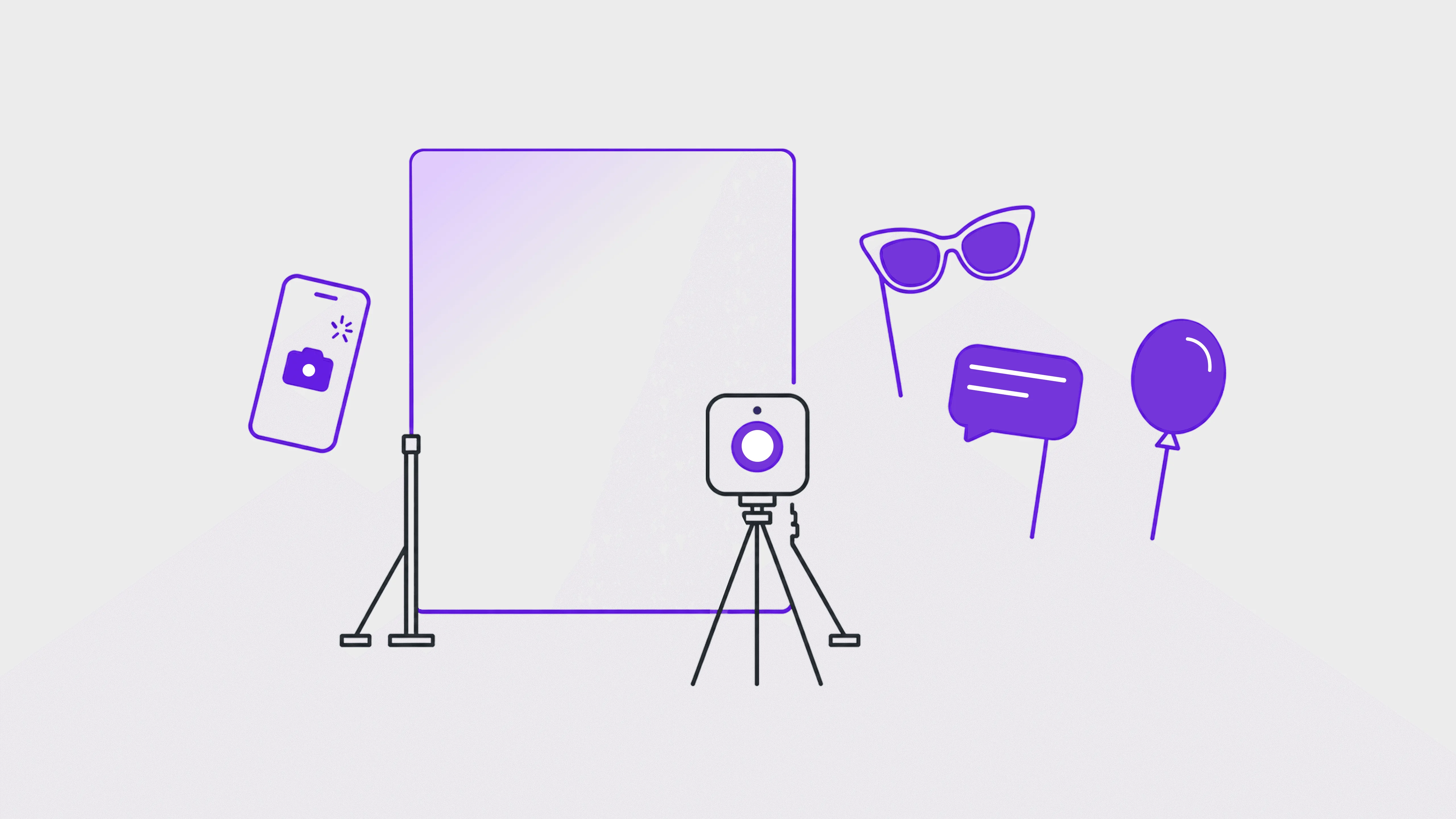 Illustration of a photo booth backdrop with camera and party props, representing event photo booth ideas