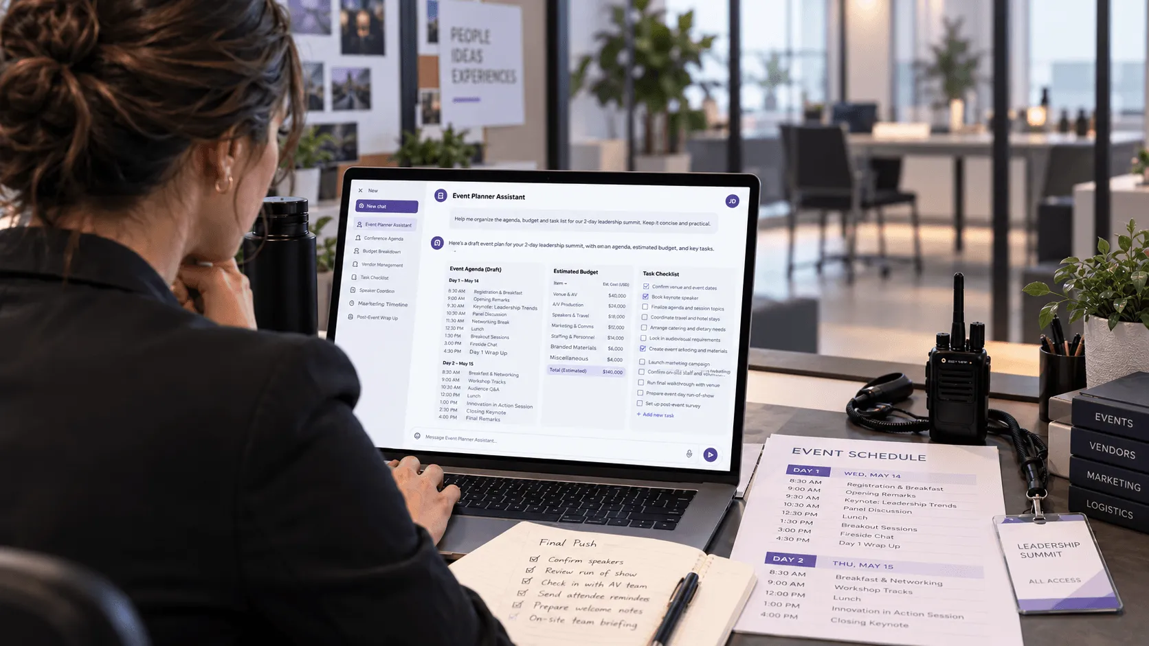 Event planner using ChatGPT for event planning while reviewing a conference agenda and operations checklist.