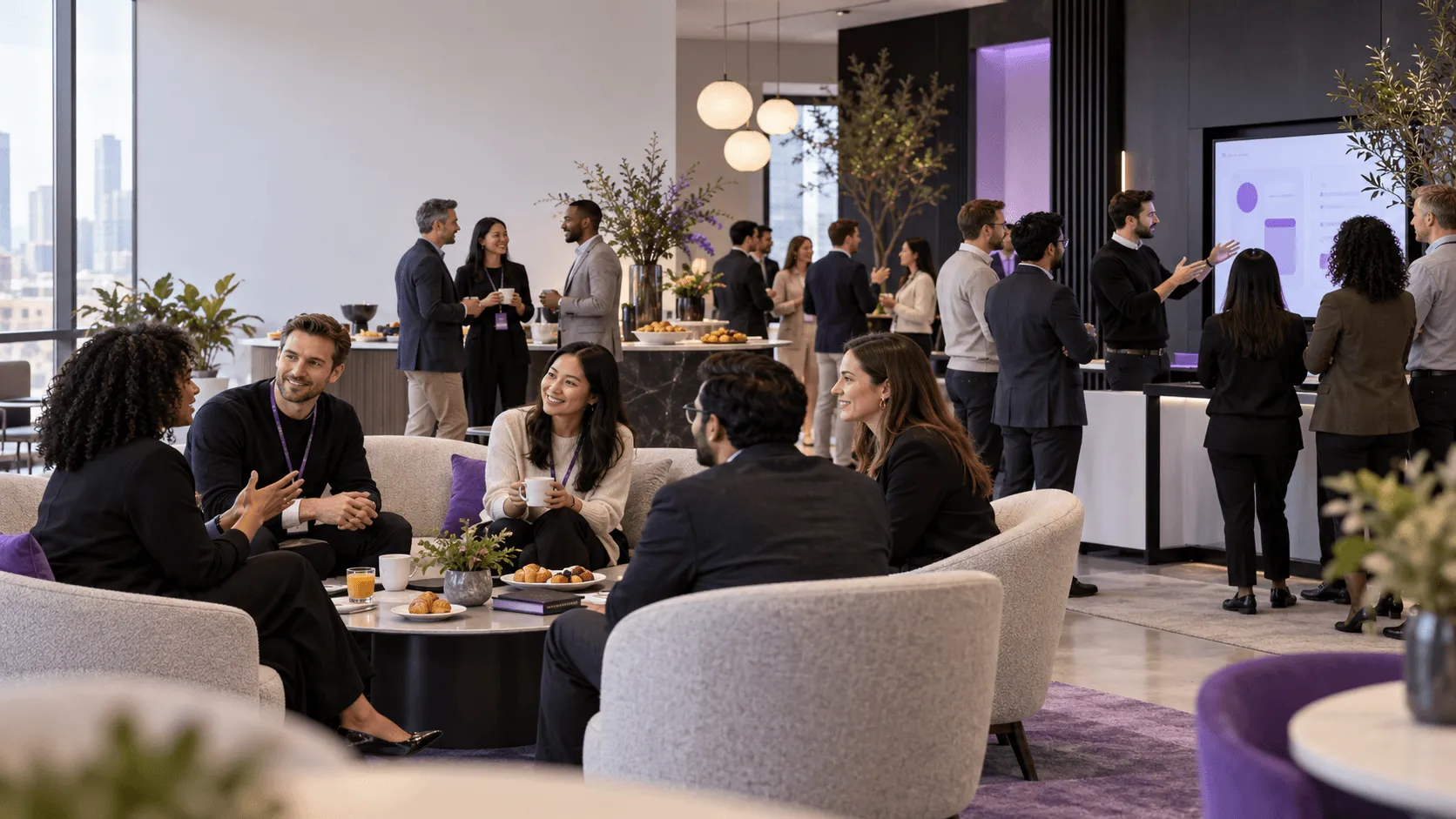 Small group of professionals participating in a micro event with interactive discussions and networking.